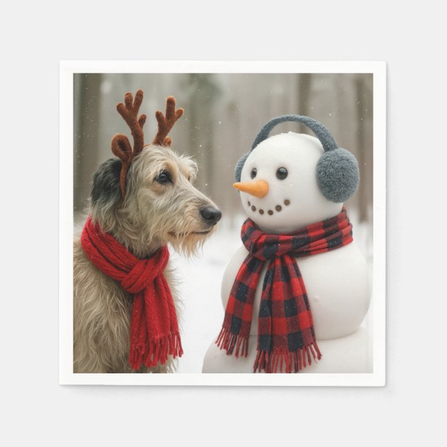 Guardanapo De Papel Irish Wolfhound Gazing at a Cute Snowman (Frente)