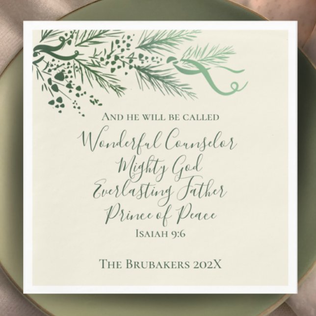 Guardanapo De Papel Isaiah 9:6 Sage Pine Natal Personalizado (Isaiah 9:6 Christmas dinner napkin. Personalize with name. Hand drawn pine modern elegant scripture.)