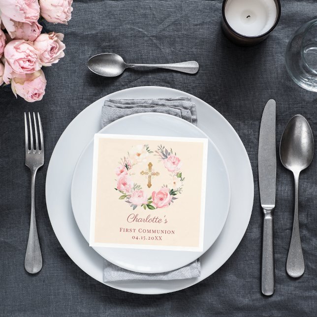 Guardanapo De Papel Ivory blush pink floral wreath First Communion (Criador carregado)