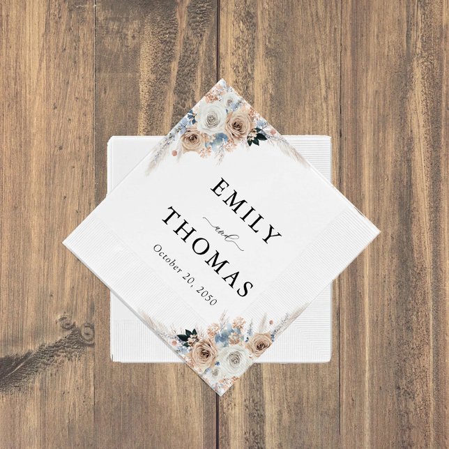 Guardanapo De Papel Ivory E Blue Boho Casamento Floral Napkins (Criador carregado)
