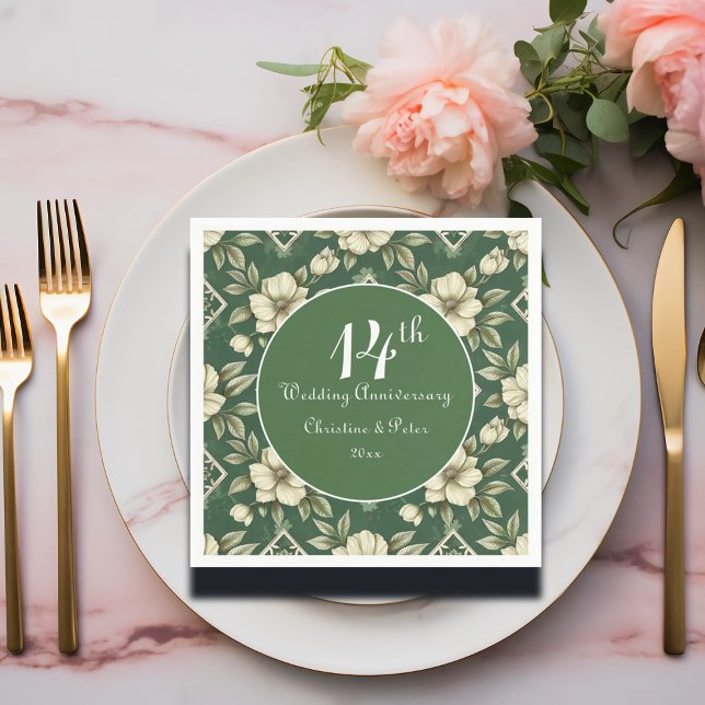 Guardanapo De Papel Ivory Floral e Aniversário do Casamento Emerald (Criador carregado)