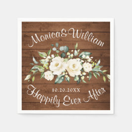 Guardanapo De Papel Ivory White Roses Greenery Rustic Wood Casamento