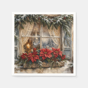 Guardanapo De Papel Janela de Natal com Poinsettia Nevada