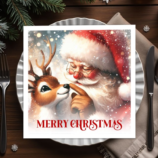 Guardanapo De Papel Jantar de Natal com Papai Noel e Rudolph Clássico (Classic Santa and Rudolph Christmas Dinner Party Napkins

)