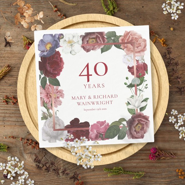 Guardanapo De Papel Jardim Rosa do Casamento Ruby Ruby (40th Ruby Wedding Anniversary Country Rose Garden Napkins)