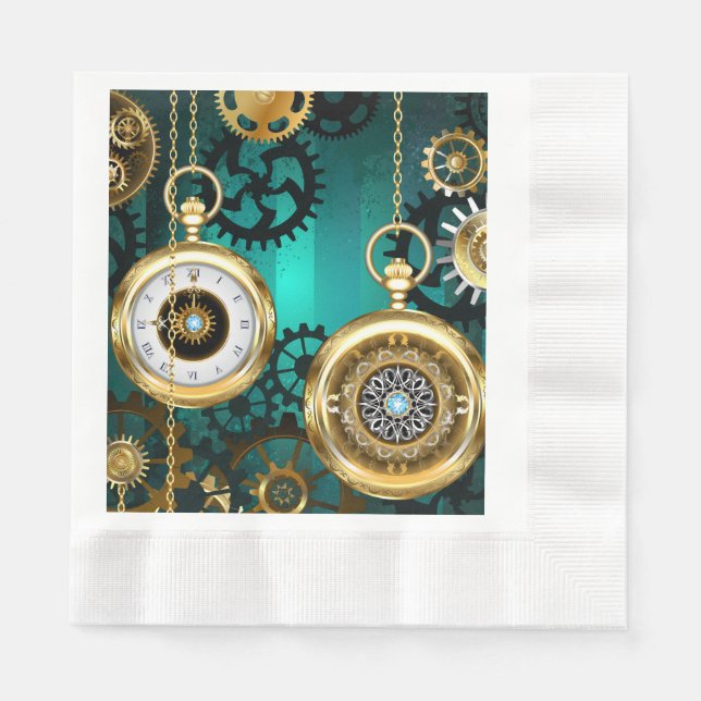 Guardanapo De Papel Joia Steampunk Relógio em um Fundo Verde (Frente)