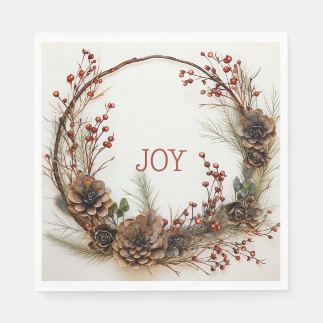 Guardanapo De Papel Joy Twig Wreath Pine Cones Red Berries (Frente)