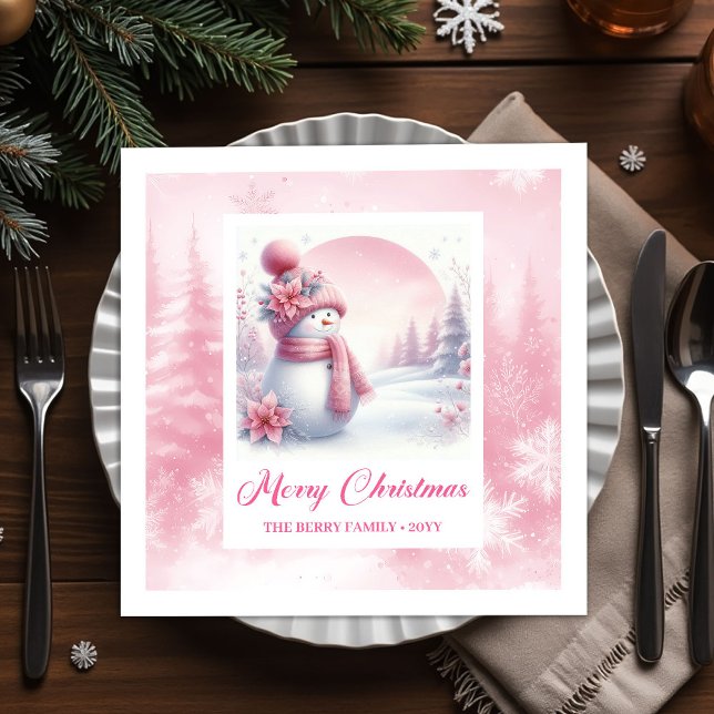 Guardanapo De Papel Joyful Pink Snowman Winter Forest Christmas Napkin (Joyful Pink Snowman Winter Forest Christmas Napkins Kids)