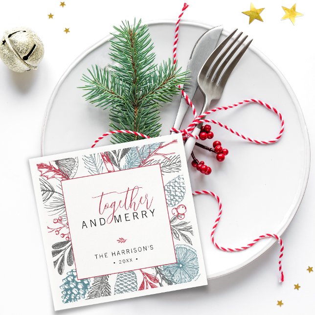 Guardanapo De Papel Juntos e Felizes de papel verde-Natal (Together and Merry Holiday Greenery Paper Napkins)