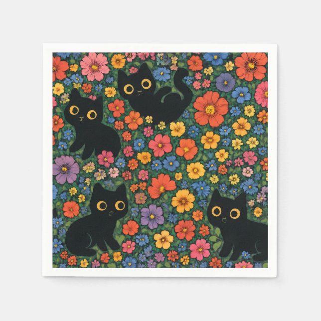 Guardanapo De Papel Kawaii Garden Art | Cute Black Cat Floral Pattern (Frente)