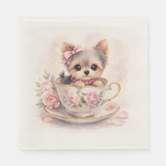 Guardanapo De Papel Kawaii Yorkie Teacup Birthday Napkins (Frente)