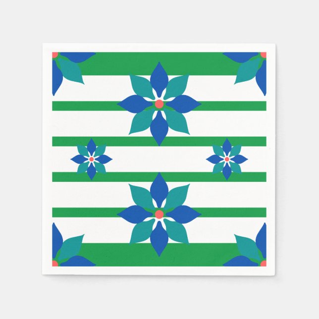 Guardanapo De Papel Kelly Green strips e flores azuis (Frente)
