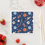 Guardanapo De Papel Kids Sports Equipment Pattern on Blue Birthday<br><div class="desc">This fun kids sports equipment pattern has soccer balls, footballs, baseballs, volleyballs, hockey sticks and pucks, and baseball bats. The athletic gear has a background of dark blue. It makes a great addition to a birthday party for a little boy or girl. It also makes a cute addition to other...</div>
