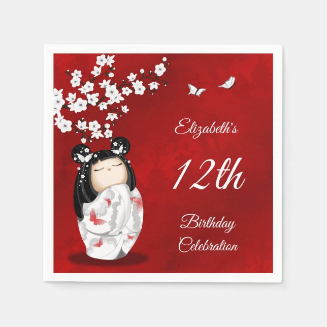 Guardanapo De Papel Kokeshi Doll Cherry Blossom | Nápoles de aniversár (Frente)