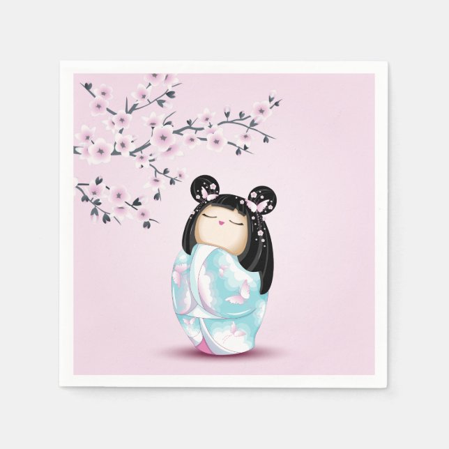 Guardanapo De Papel Kokeshi Doll Pink Turquoise Girls Aniversário (Frente)