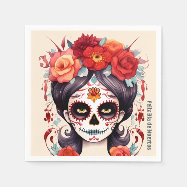 Guardanapo De Papel La Calavera Catarina en Flores Rojas 🌹 (Frente)