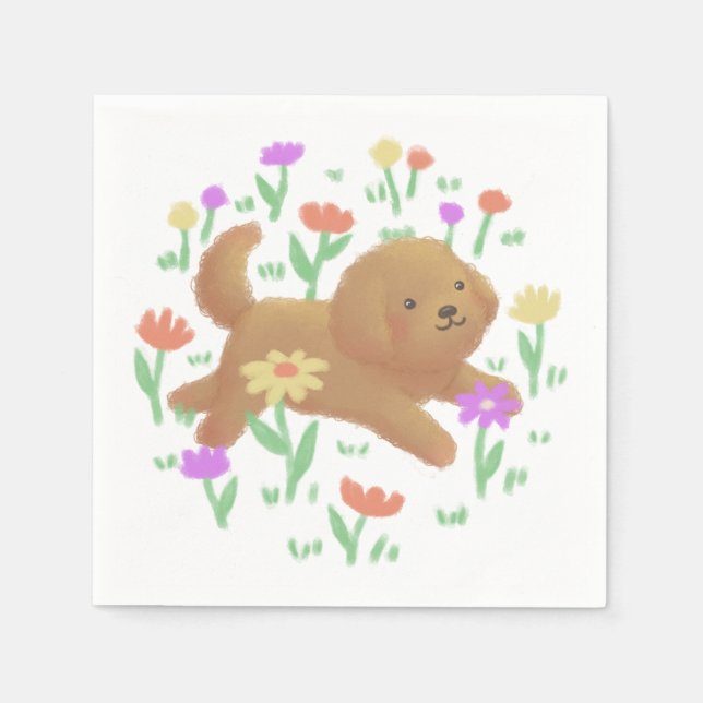 Guardanapo De Papel Labradoodle com Ilustração de Flores (Frente)