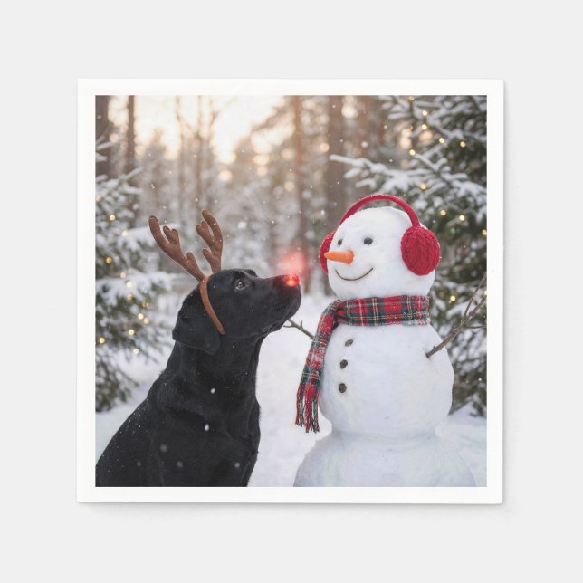 Guardanapo De Papel Labrador Retriever preto de Natal com boneco de ne (Frente)