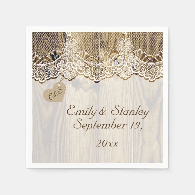 Guardanapo De Papel Lace branco e coração no casamento rústico com mad (Frente)