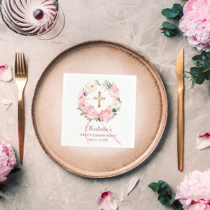 Guardanapo De Papel Laço de coroa floral rosa Primeira Comunhão