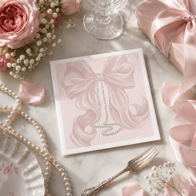 Guardanapo De Papel Laço Listrado Rosa e Colar de Pérola (Criador carregado)