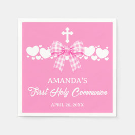 Guardanapo De Papel Laço Xadrez Rosa para Primeira Comunhão de Menina