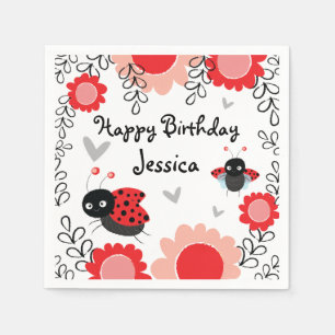 Guardanapo De Papel Ladybug Pink e Red Floral Bithday Party