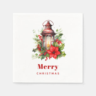 Guardanapo De Papel Lanterna de Natal Vermelho Poinsettia e Pinheiro