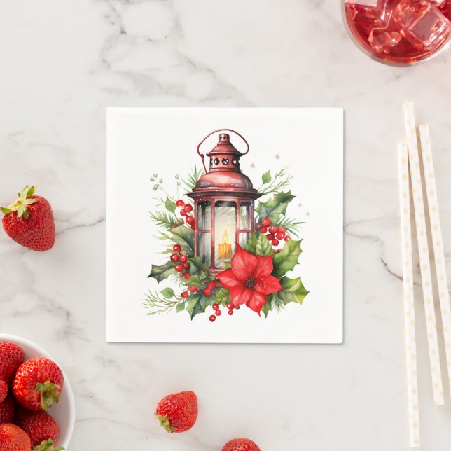 Guardanapo De Papel Lanterna de Natal Vermelho Poinsettia e Pinheiro (Insitu)