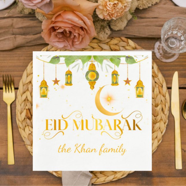 Guardanapo De Papel Lanternas Brancas Douradas Personalizadas Eid Muba (Elegant gold + white "Eid Mubarak" custom napkins for your special Eid celebration!)
