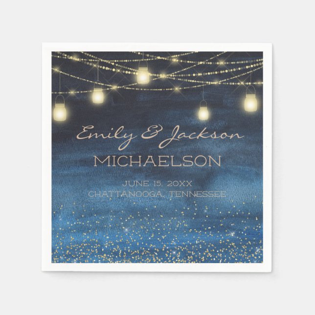 Guardanapo De Papel Lanternas Luzes Douradas das Cordas Azul-Marinho E (Frente)