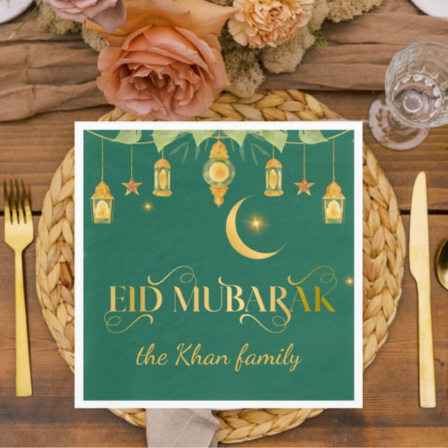 Guardanapo De Papel Lanternas Verdes Ouro Personalizadas Eid Mubarak + (Elegant green + gold "Eid Mubarak" paper napkins for your Eid celebration! )