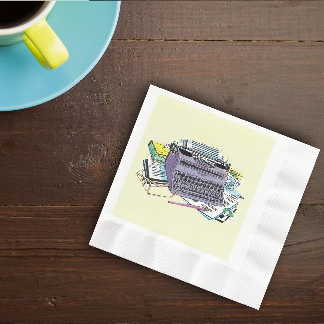 Guardanapo De Papel Lápis de Papel de Máquina de Digitalização de Ferr (Vintage purple manual typewriter pen, paper books for writers on yellow napkins.)