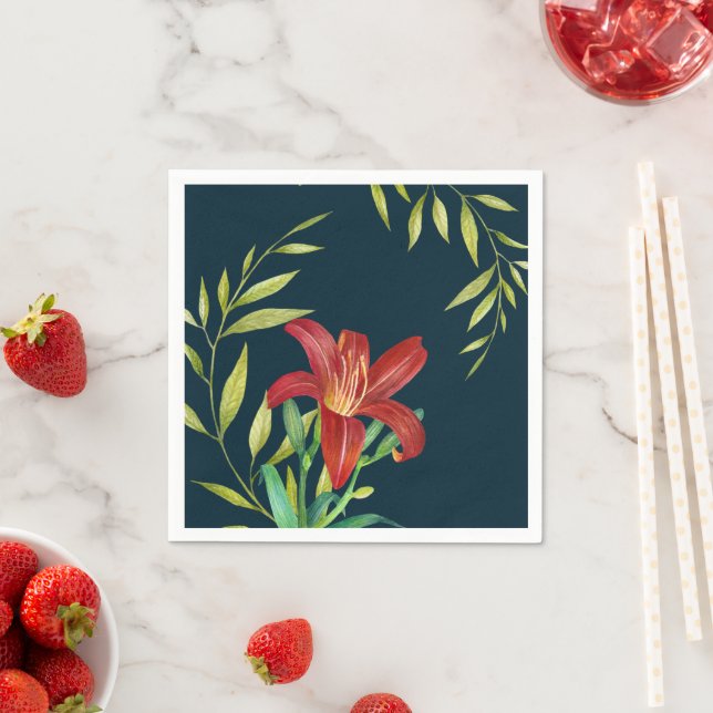 Guardanapo De Papel Laranja Aquarela Ilustração Lily Escura Turquesa (Insitu)