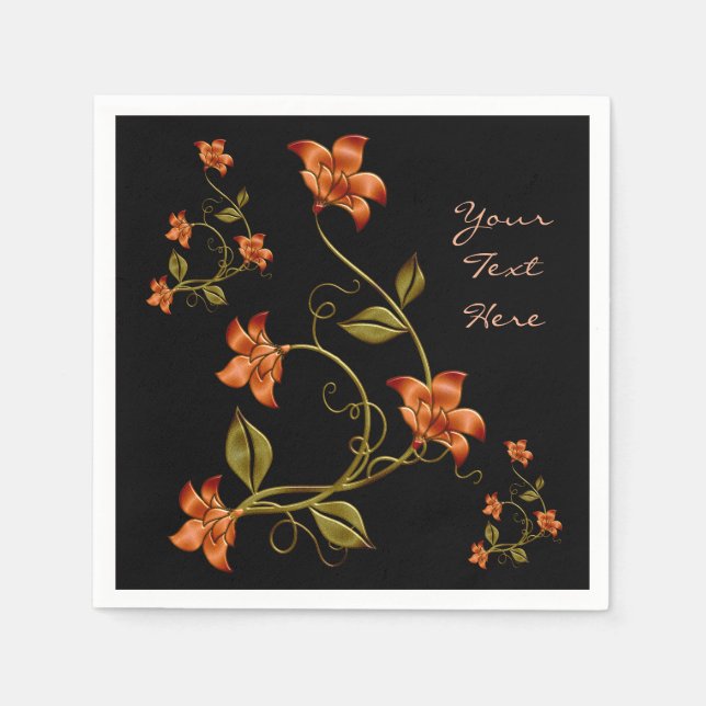 Guardanapo De Papel Laranja Lillies Padrão Floral Negro Napkins (Frente)