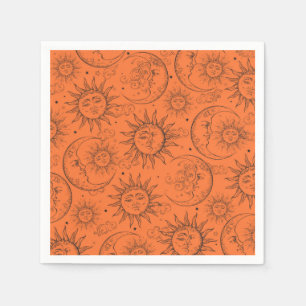 Guardanapo De Papel Laranja Magia Antigo Celestial Sol Lua Estrelas