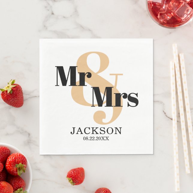 Guardanapo De Papel Laranja Pastel e Preto Casamento Sr. e Sra. (Insitu)