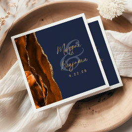 Guardanapo De Papel Laranja Queimada Ágata Dourado Script Azul Marinho
