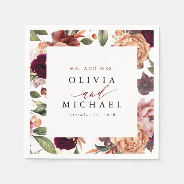 Guardanapo De Papel Laranja Queimada e Vermelho Borgonha Floral Rústic (Frente)