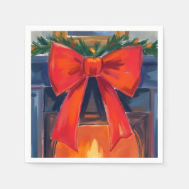 Guardanapo De Papel Lareira de Natal | Aquarela Alegre com Laço Vermel
