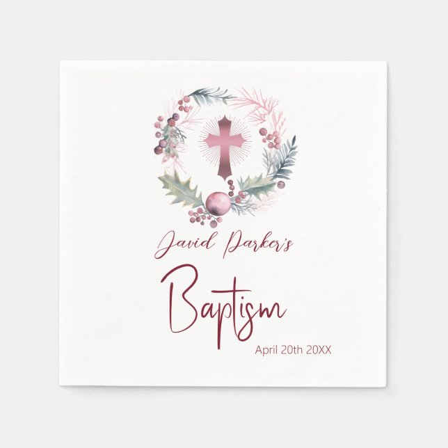 Guardanapo De Papel Laurel Garland rosa Dourada Baptism Christening (Frente)