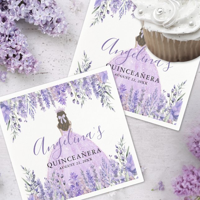 Guardanapo De Papel Lavanda Tiara Floral Puro Quinceanera (Lavender Dress Tiara Floral Purple Quinceanera Napkins)