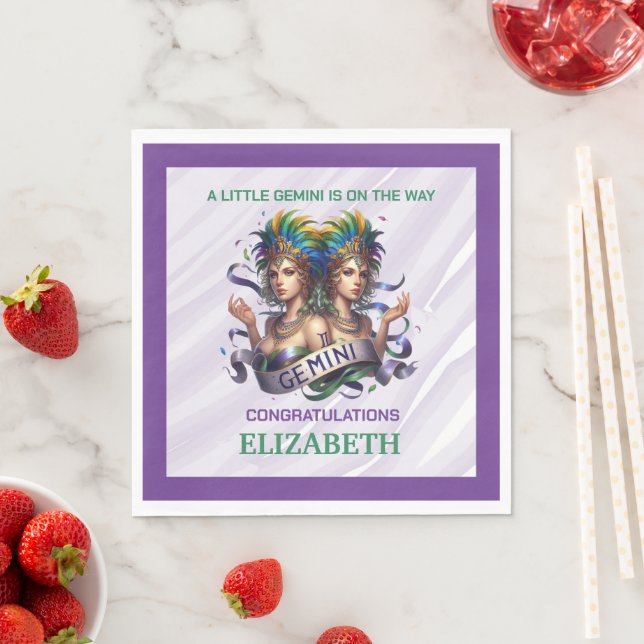Guardanapo De Papel Lavender and Green Gemini Zodiac Baby Shower (Insitu)