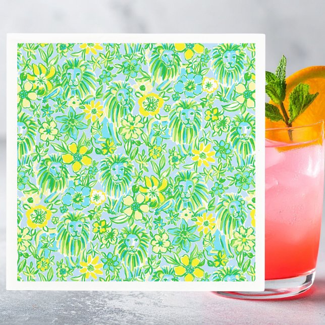 Guardanapo De Papel Leão Amarelo e Verde Elegante com Flores Costeiras (Criador carregado)