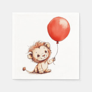 Guardanapo De Papel Leão-Bebê Reproduzido com Balão Vermelho
