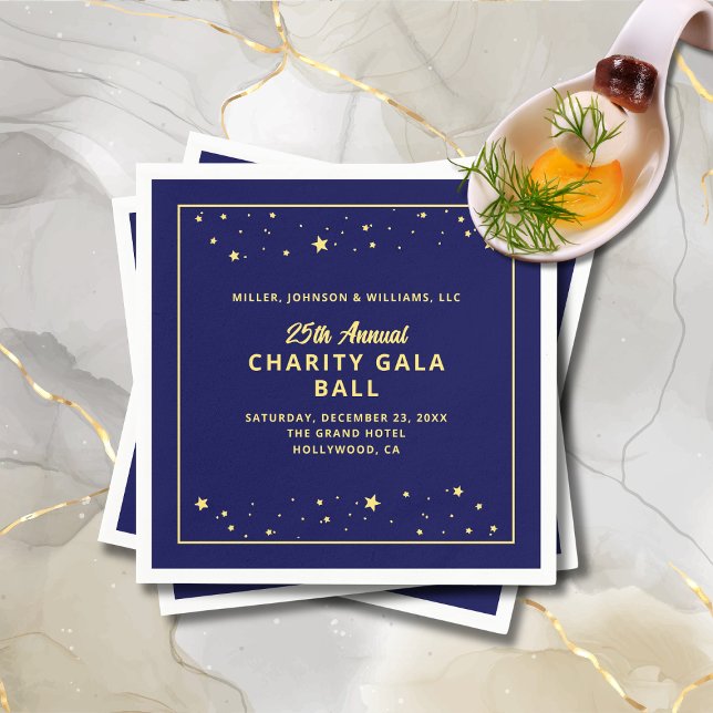 Guardanapo De Papel Leilão Silencioso de Gala, Elegante Azul Dourado (Charity Gala Ball Silent Auction Fundraiser Cocktail Napkin in Navy Blue and Gold with Stars.)
