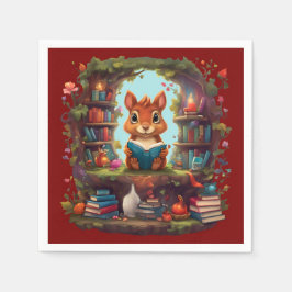 Guardanapo De Papel Leitura De Esquilo Numa Estante De Vintage