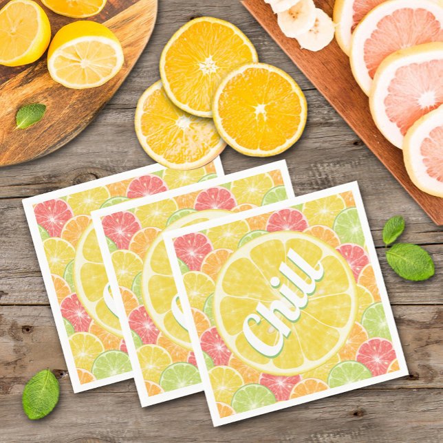 Guardanapo De Papel Lemon Citrus Slices Chill Party (Chill text on lemon, lime, orange and grapefruit citrus slices summer party napkins)