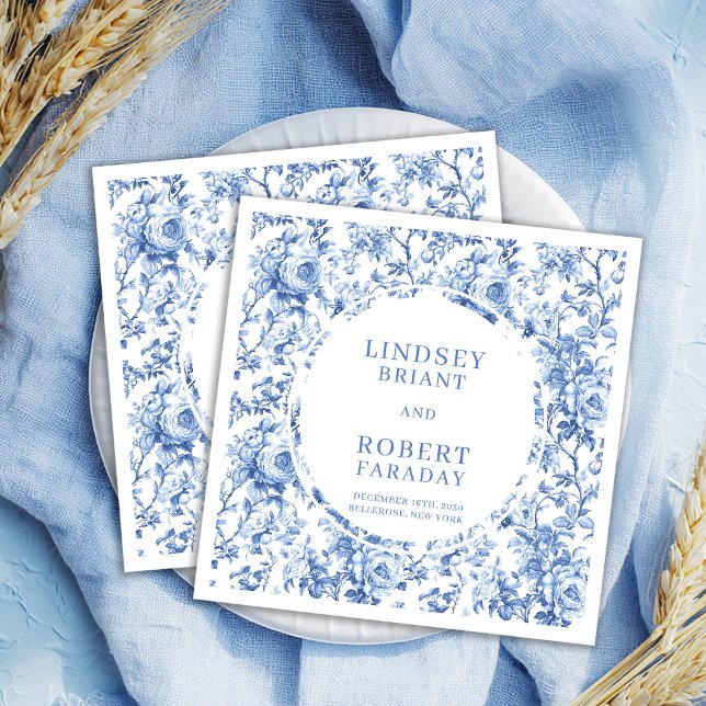 Guardanapo De Papel Lenços de casamento sofisticados em azul naval com (Sophisticated Navy Blue Floral Toile Wedding Napkins)