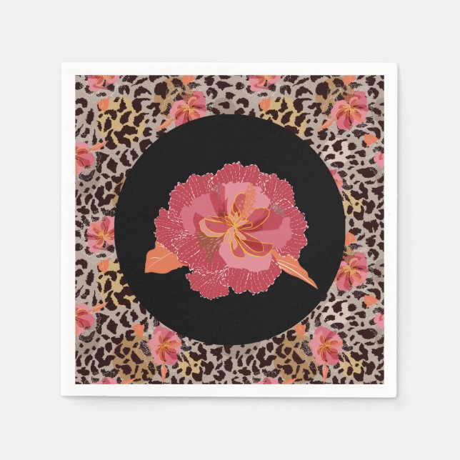 Guardanapo De Papel Leopardo: Impressão e Flores Rosa em Preto (Frente)